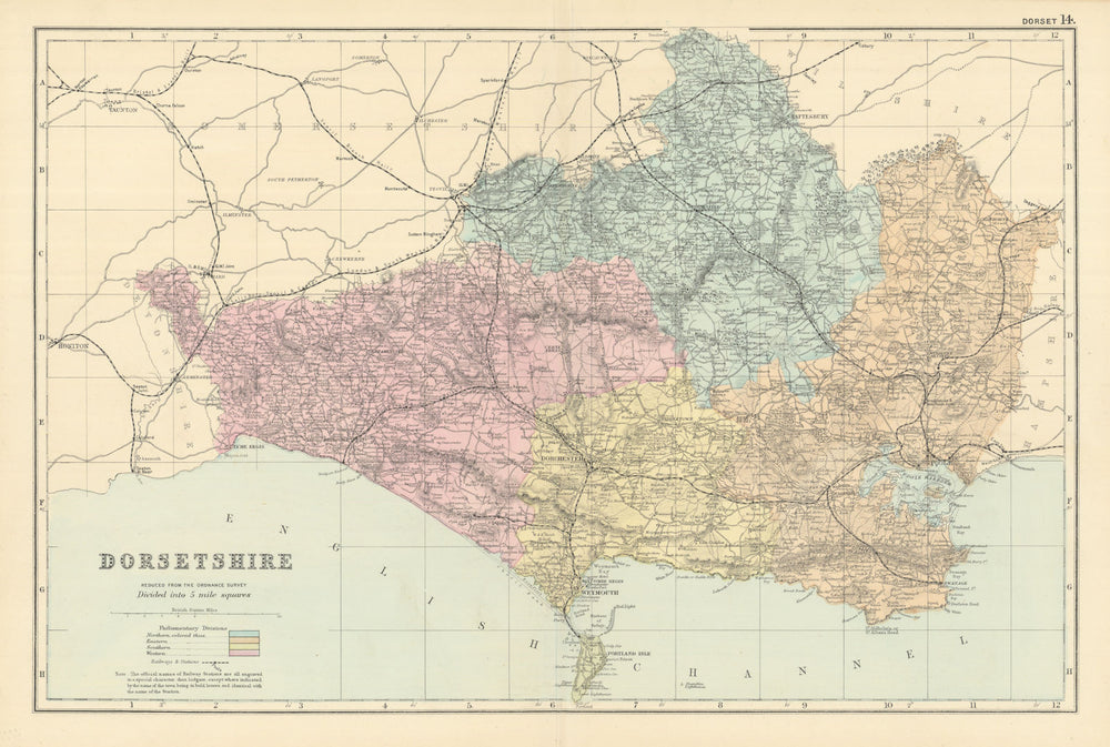 DORSETSHIRE antique county map by GW BACON 1891 old plan chart