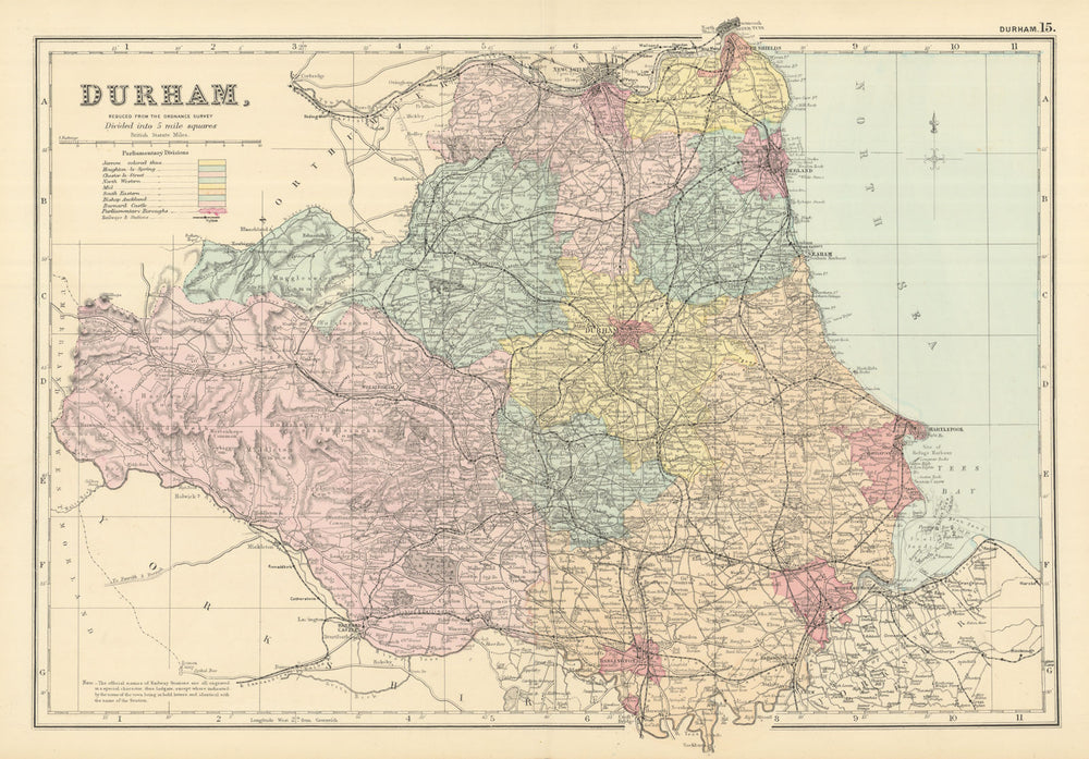 DURHAM antique county map by GW BACON 1891 old vintage plan chart