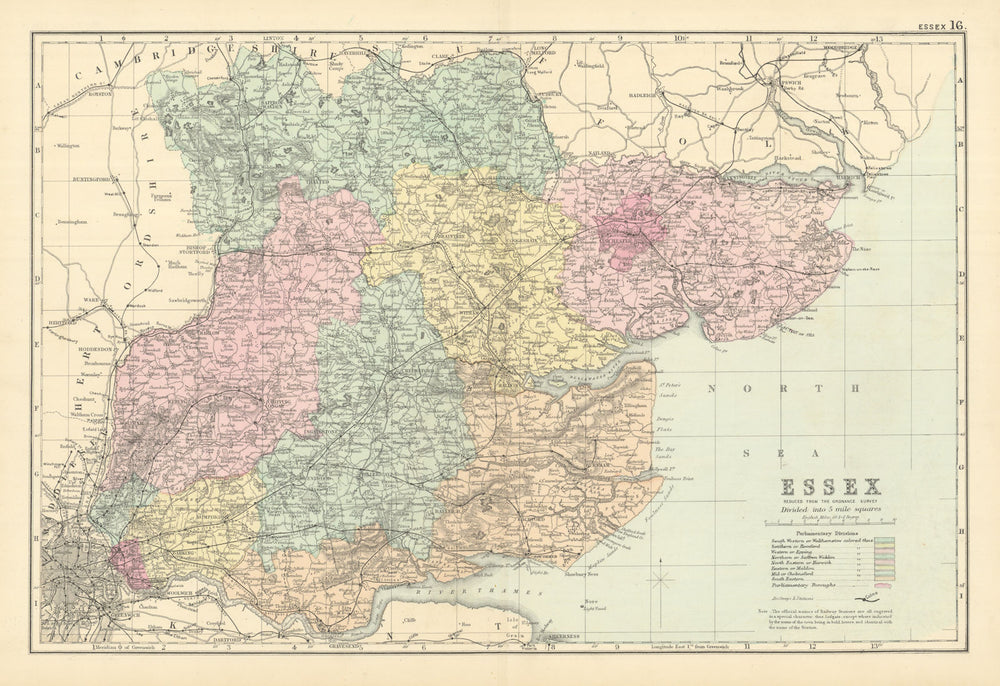 ESSEX antique county map by GW BACON 1891 old vintage plan chart