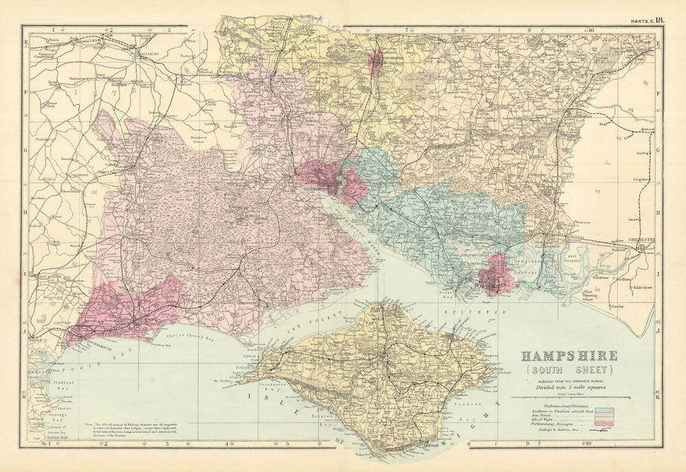 HAMPSHIRE (South) antique county map by GW BACON 1891 old chart