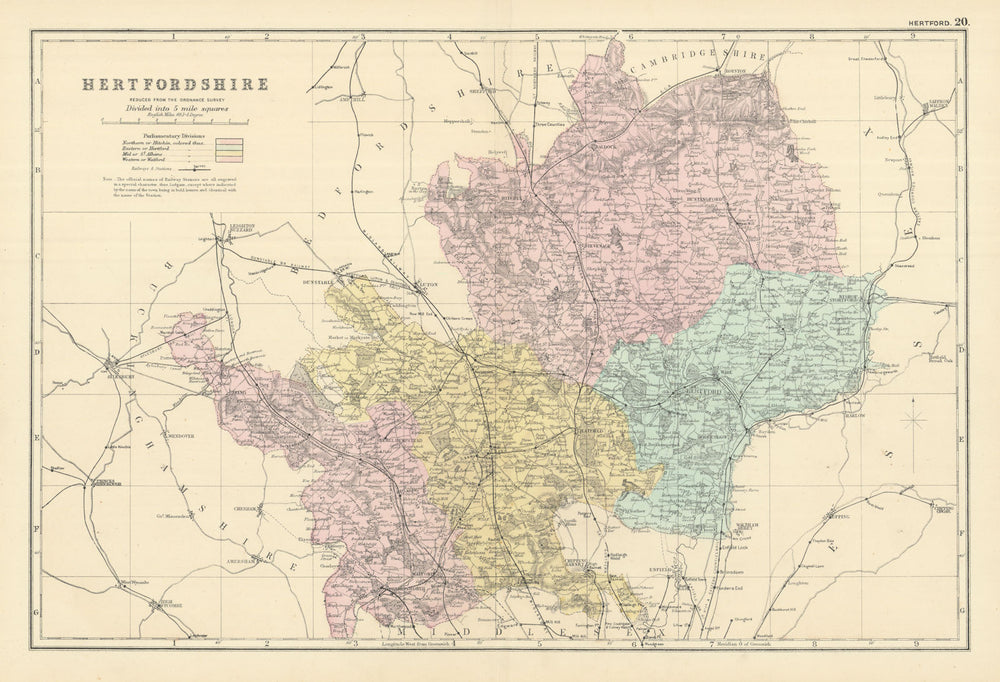 HERTFORDSHIRE antique county map by GW BACON 1891 old plan chart