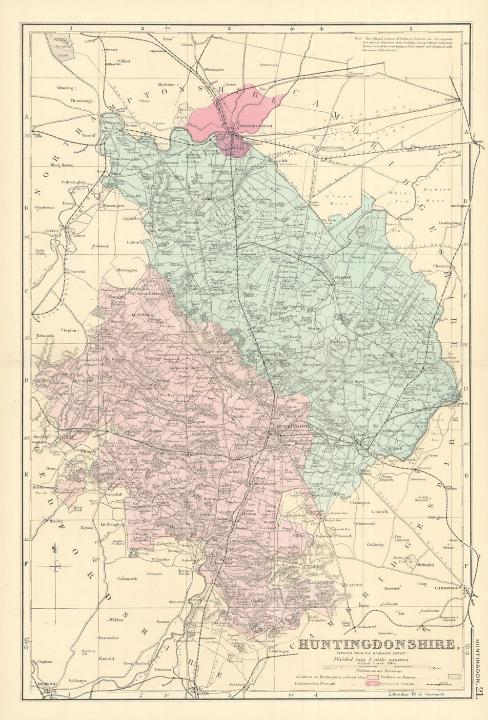 HUNTINGDONSHIRE antique county map by GW BACON 1891 old plan chart