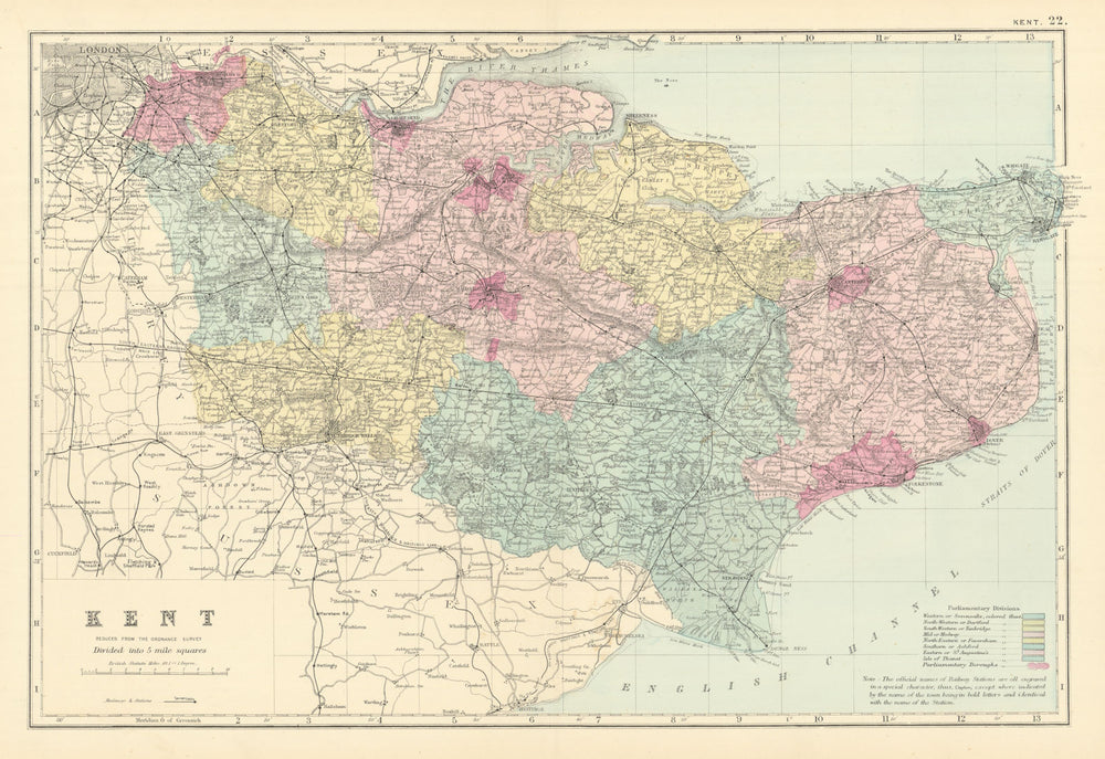 KENT antique county map by GW BACON 1891 old vintage plan chart