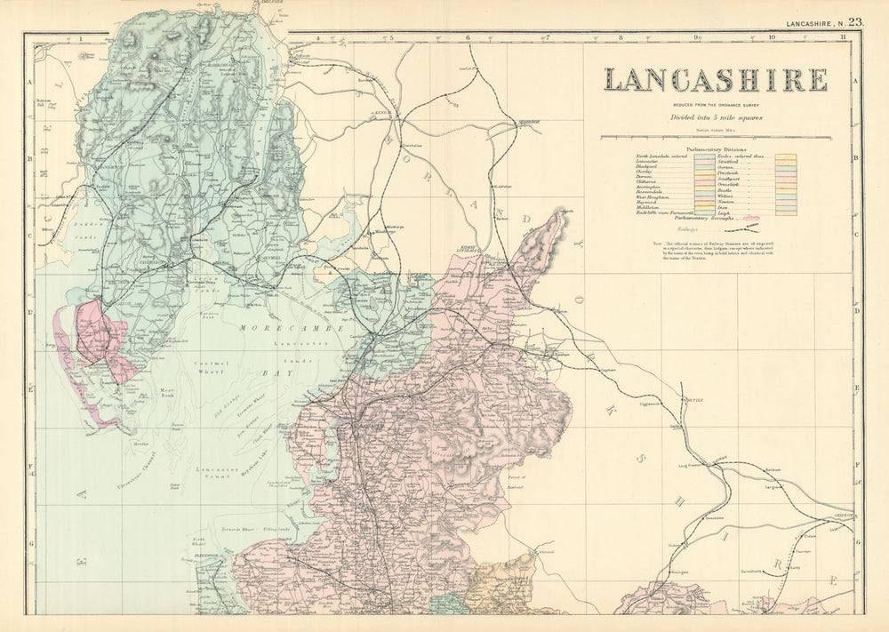 LANCASHIRE (North sheet) antique county map by GW BACON 1891 old