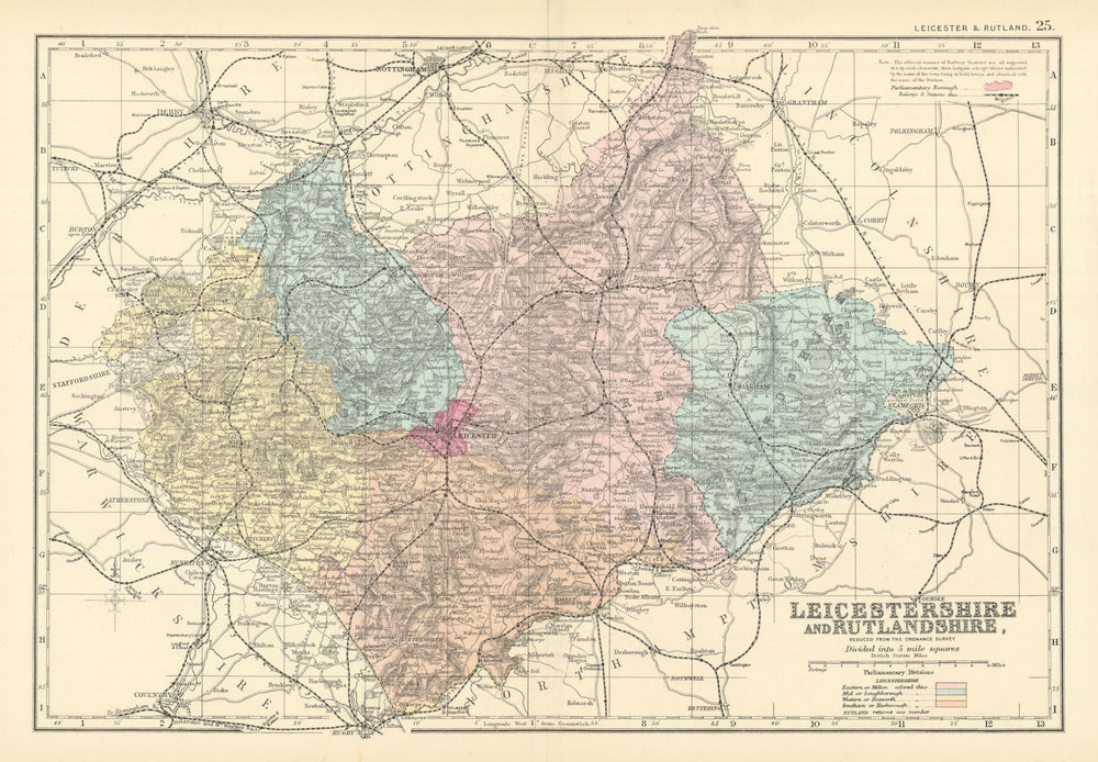 LEICESTERSHIRE & RUTLANDSHIRE antique county map by GW BACON 1891 old