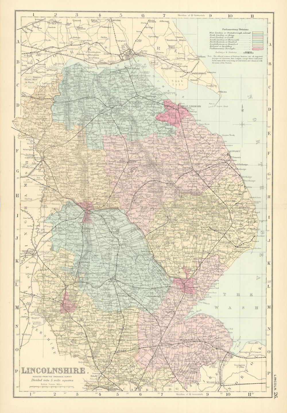LINCOLNSHIRE antique county map by GW BACON 1891 old plan chart