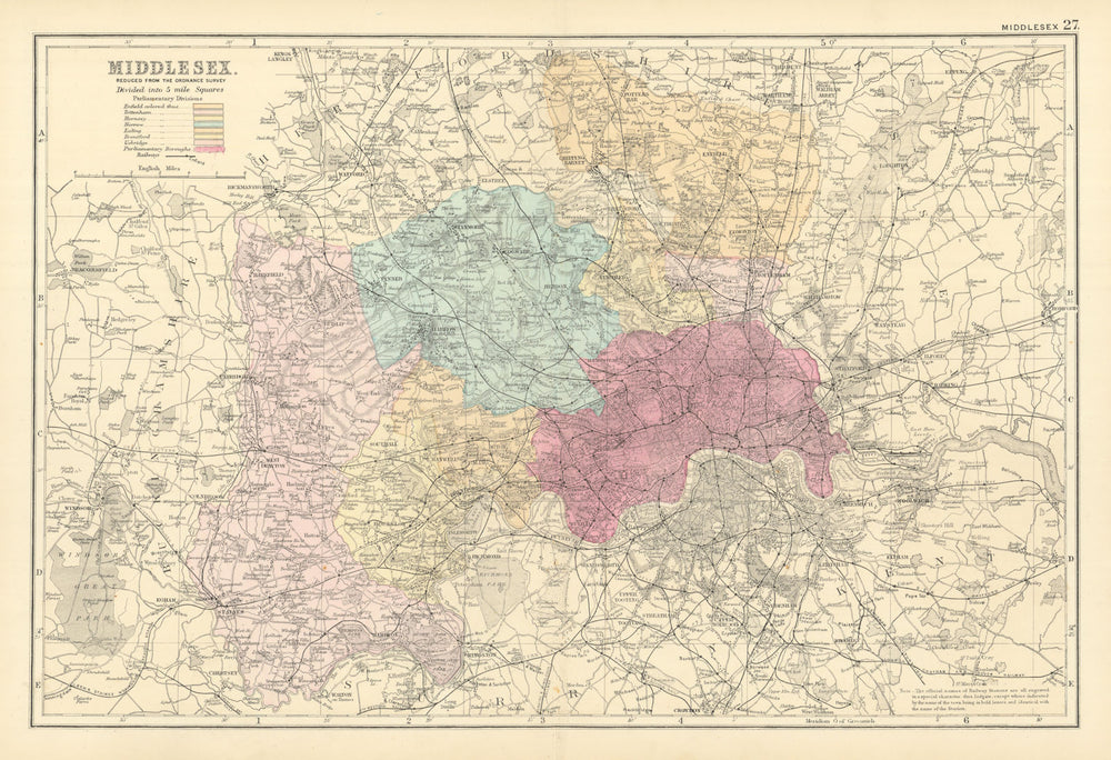 MIDDLESEX antique county map by GW BACON 1891 old plan chart