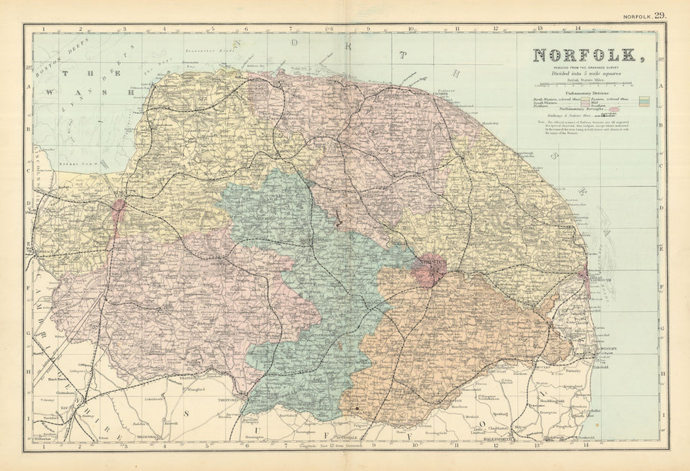 NORFOLK antique county map by GW BACON 1891 old vintage plan chart
