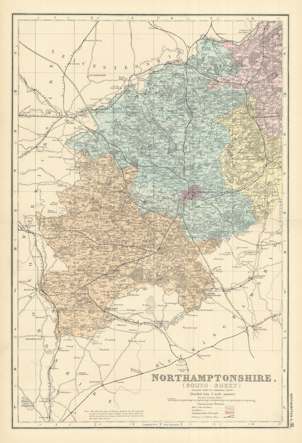 NORTHAMPTONSHIRE (South) antique county map by GW BACON 1891 old