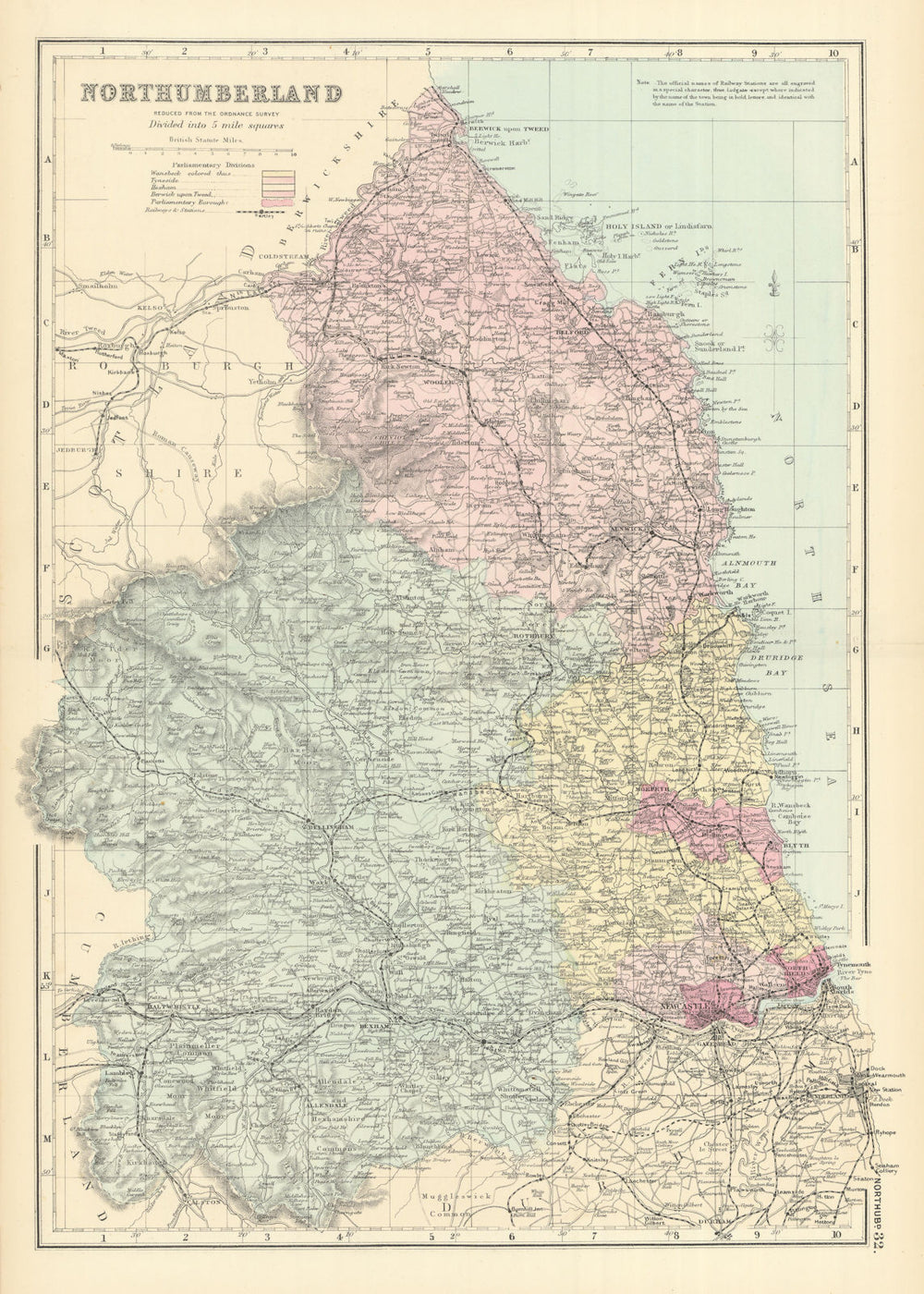 NORTHUMBERLAND antique county map by GW BACON 1891 old plan chart