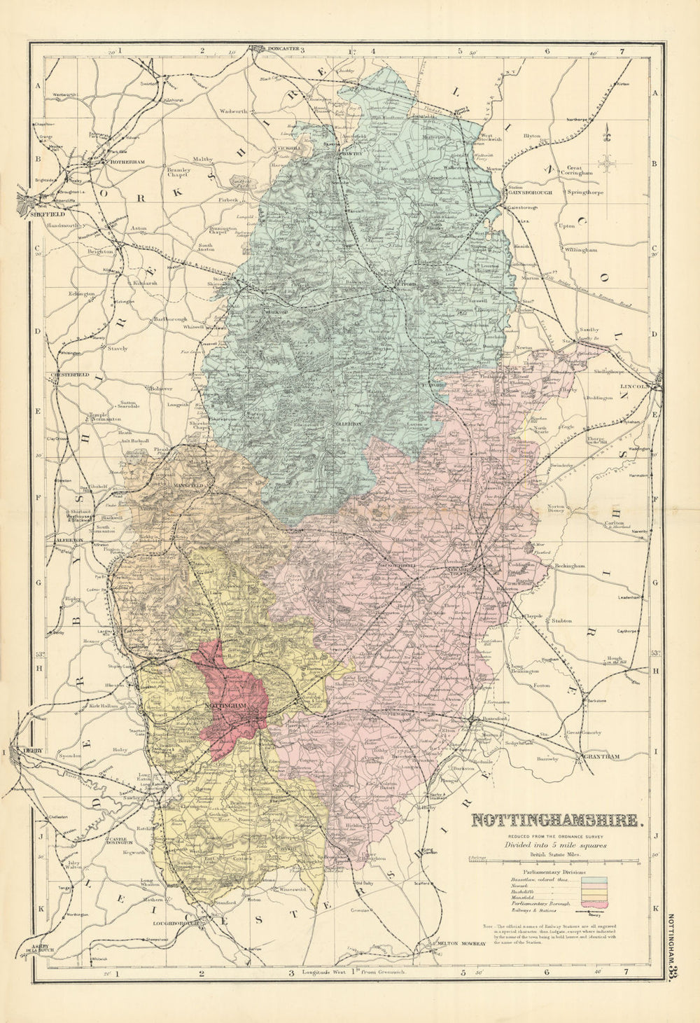 NOTTINGHAMSHIRE antique county map by GW BACON 1891 old plan chart