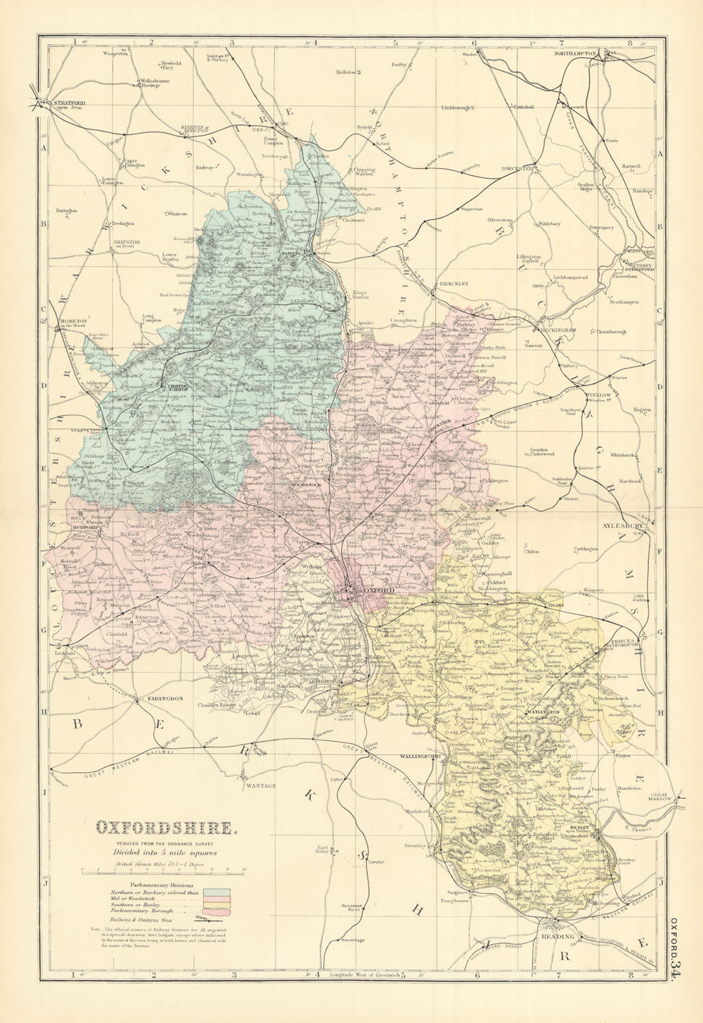 OXFORDSHIRE antique county map by GW BACON 1891 old plan chart