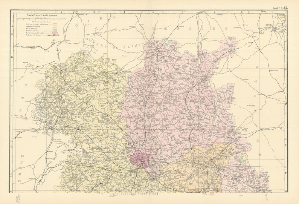 SHROPSHIRE (North) antique county map by GW BACON 1891 old chart