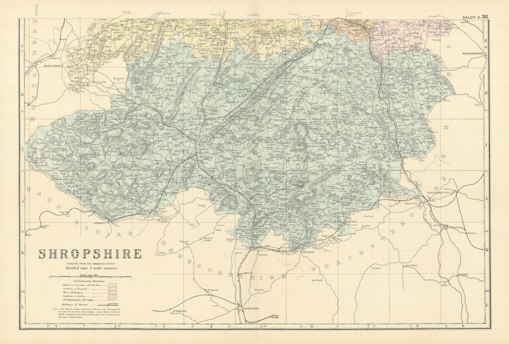 SHROPSHIRE (South) antique county map by GW BACON 1891 old chart