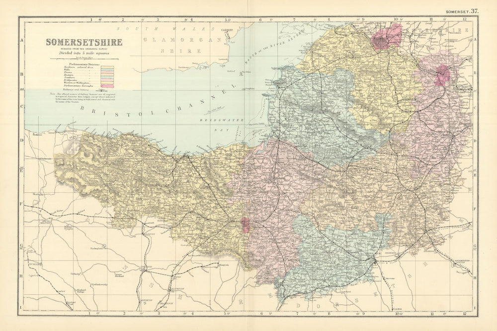 SOMERSETSHIRE Somerset antique county map by GW BACON 1891 old