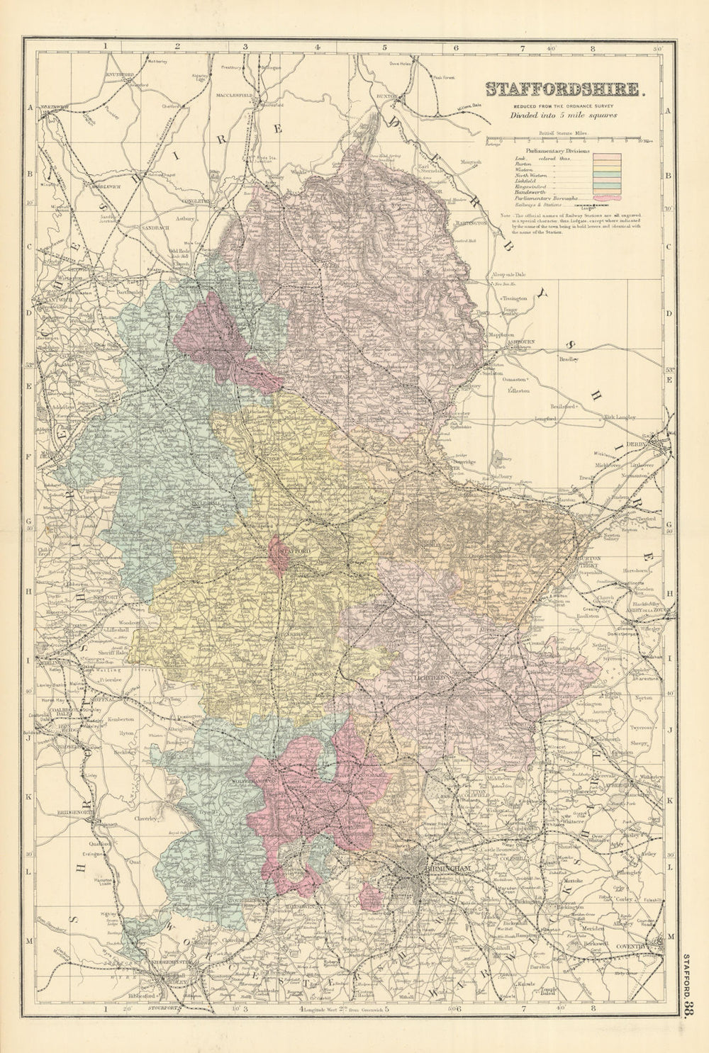STAFFORDSHIRE antique county map by GW BACON 1891 old plan chart