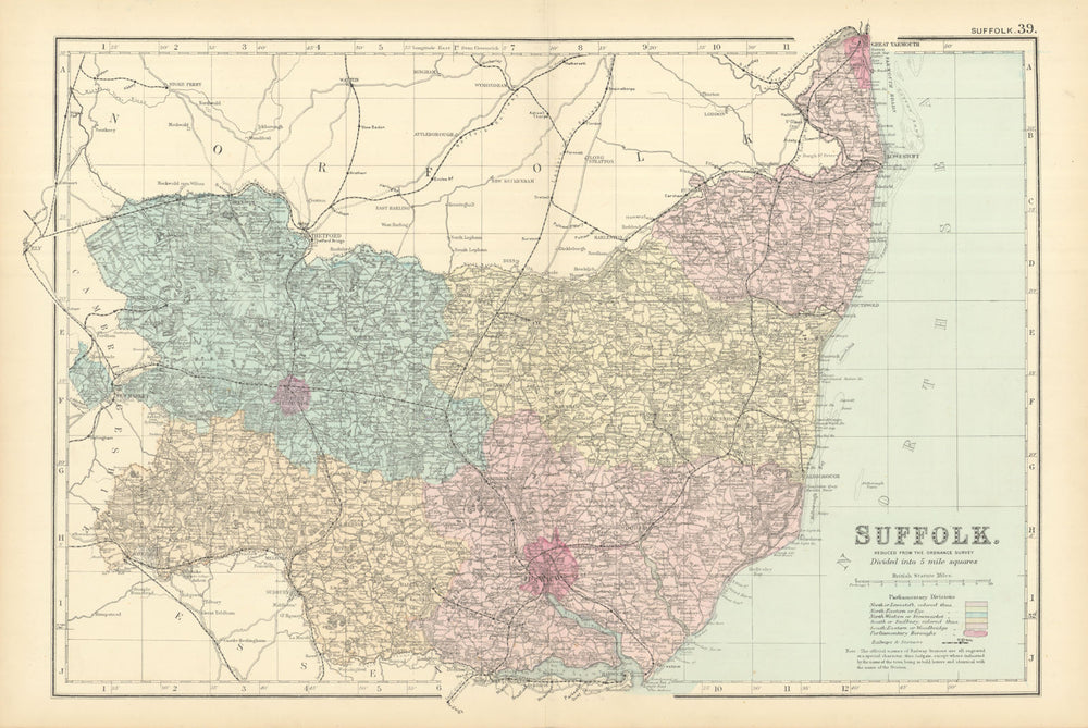 SUFFOLK antique county map by GW BACON 1891 old vintage plan chart