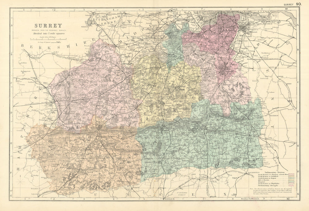 SURREY antique county map by GW BACON 1891 old vintage plan chart