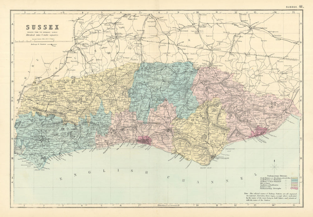 SUSSEX antique county map by GW BACON 1891 old vintage plan chart
