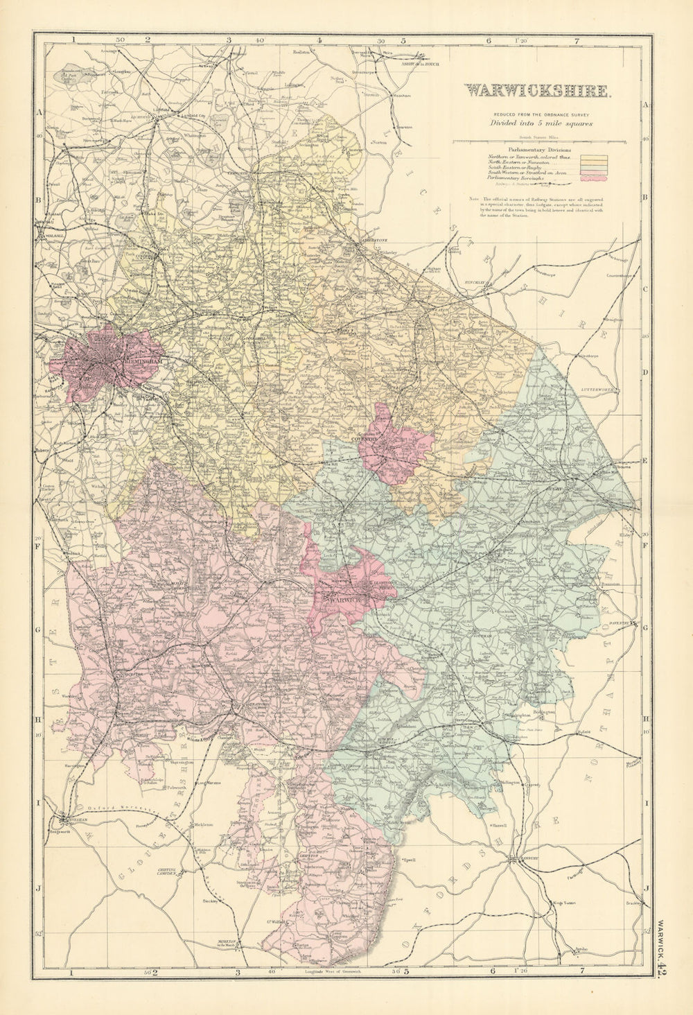 WARWICKSHIRE antique county map by GW BACON 1891 old plan chart
