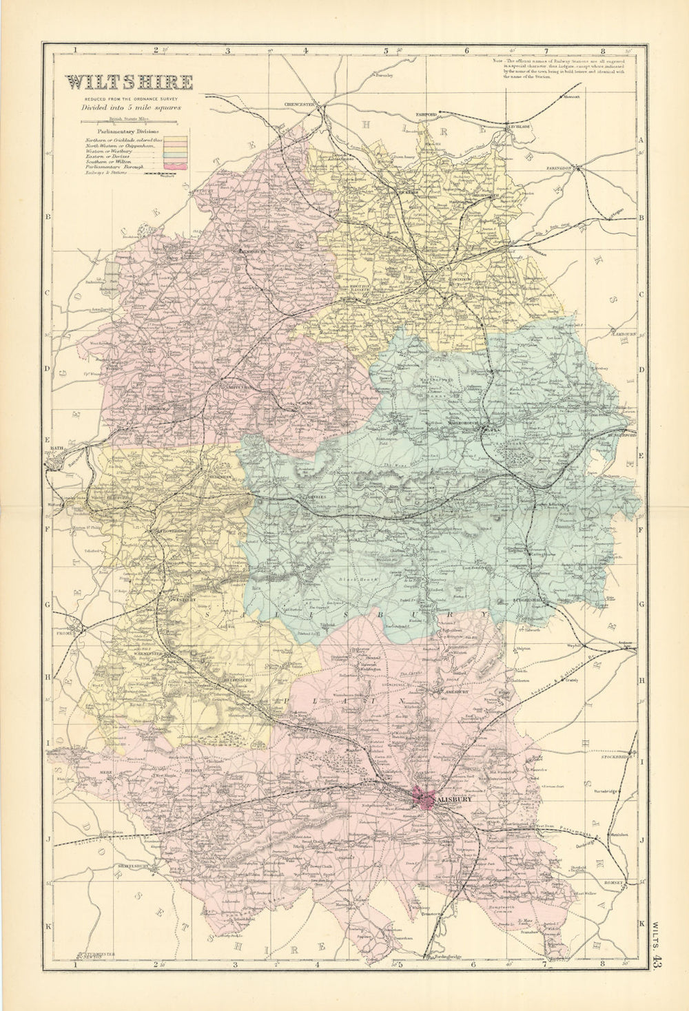 WILTSHIRE antique county map by GW BACON 1891 old plan chart