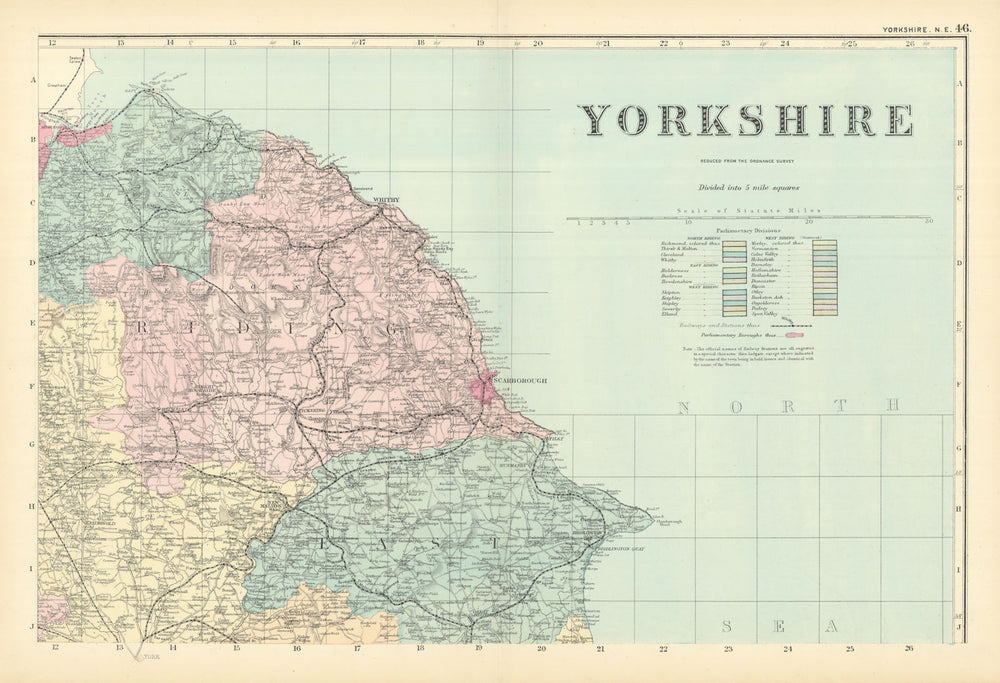 YORKSHIRE (North East) Scarborough Whitby antique county map by GW BACON 1891