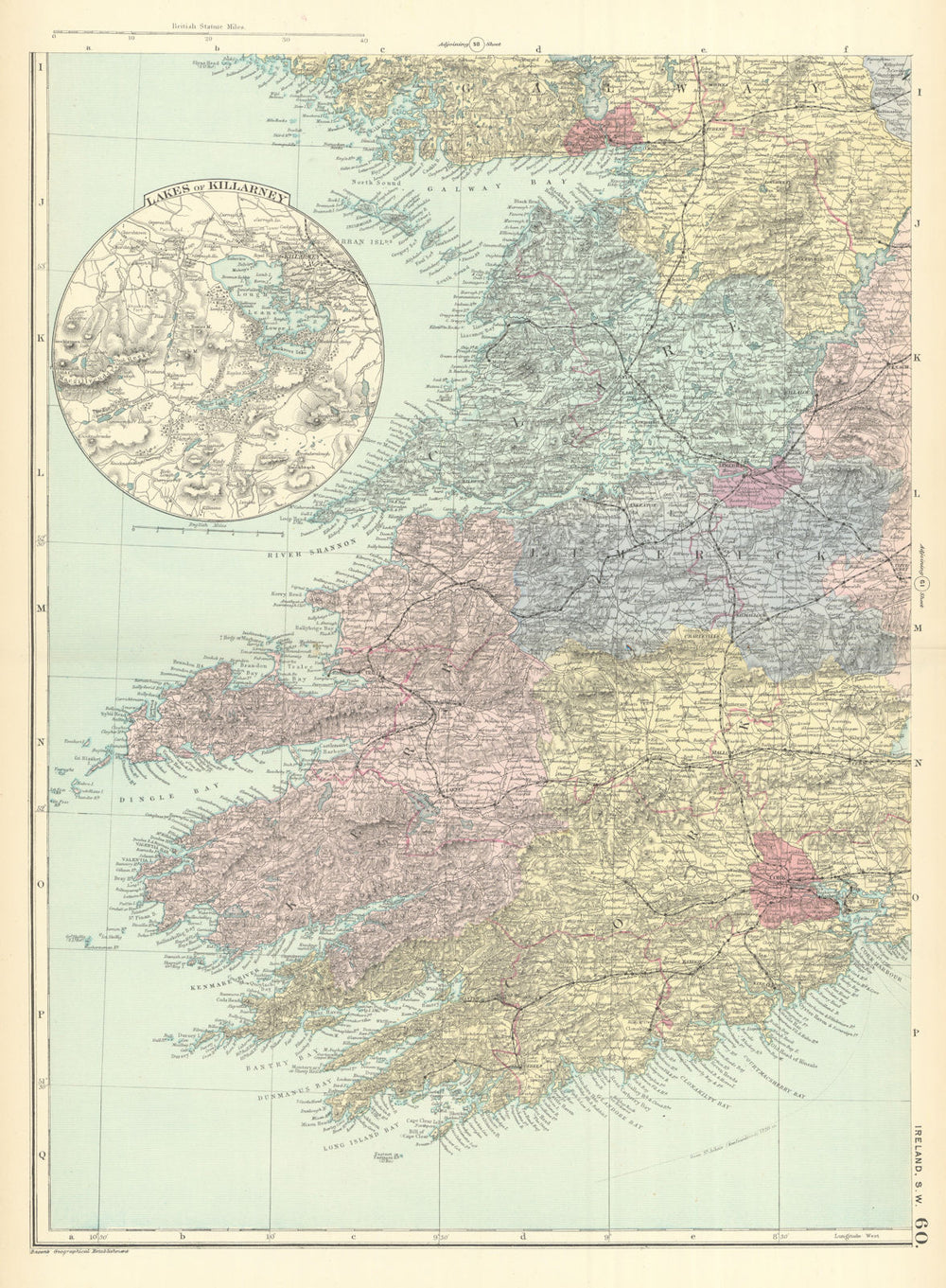 IRELAND (South West) Munster Cork Kerry Clare Limerick GW BACON 1891 old map