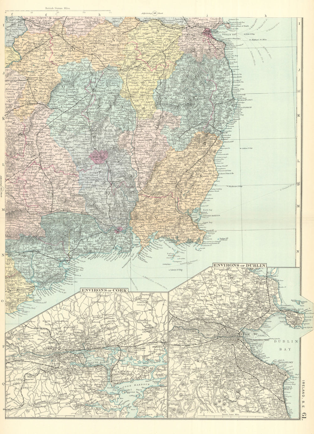 IRELAND (South East) Leinster Dublin Wicklow Wexford GW BACON 1891 old map