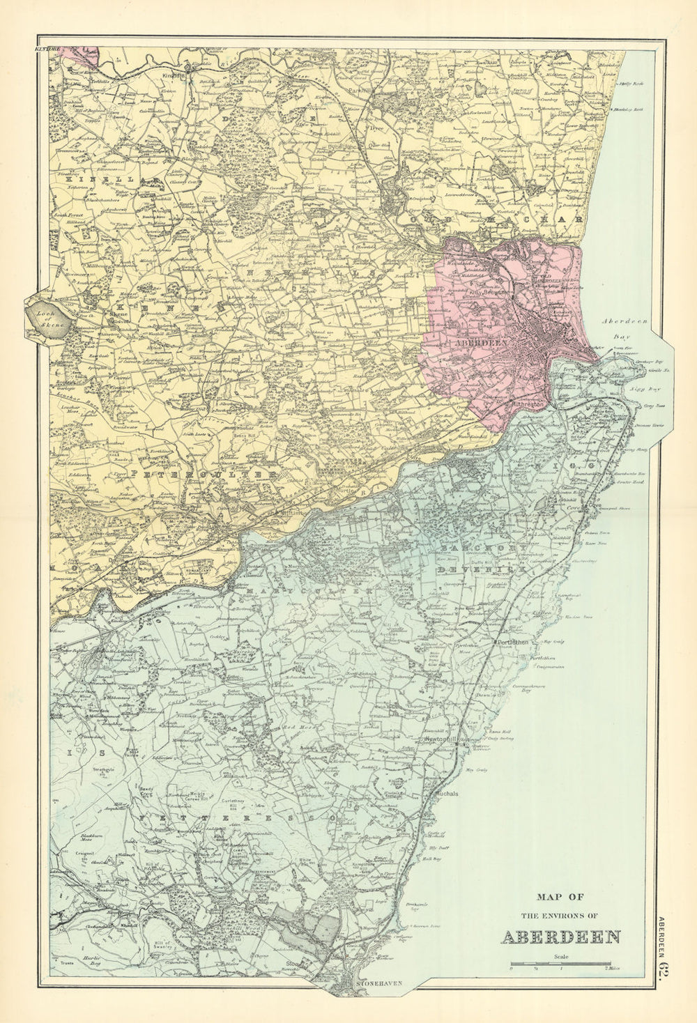 ABERDEEN & ENVIRONS Stonehaven antique map by GW BACON 1891 old