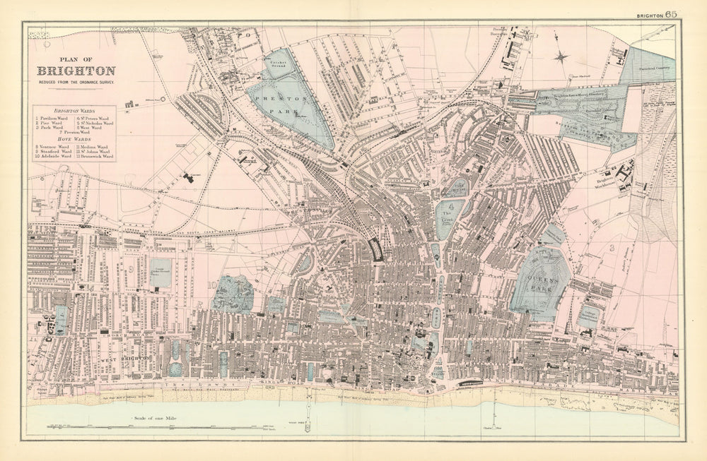 BRIGHTON & HOVE antique town city plan by GW BACON Sussex 1891 old map