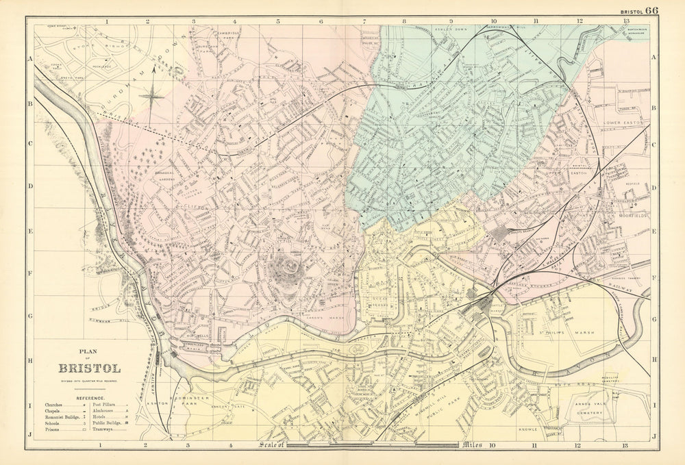 BRISTOL Clifton Cotham Easton Ashton Gate town city plan GW BACON 1891 old map