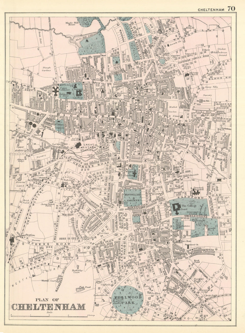 CHELTENHAM Montpellier St. Pauls antique town city plan GW BACON 1891 old map