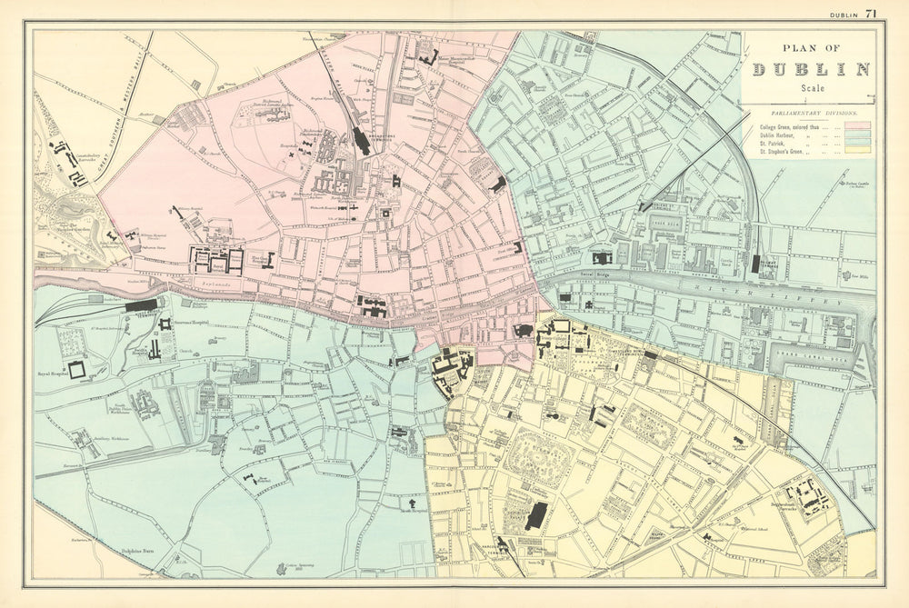 DUBLIN antique town city plan by GW BACON Ireland 1891 old map chart