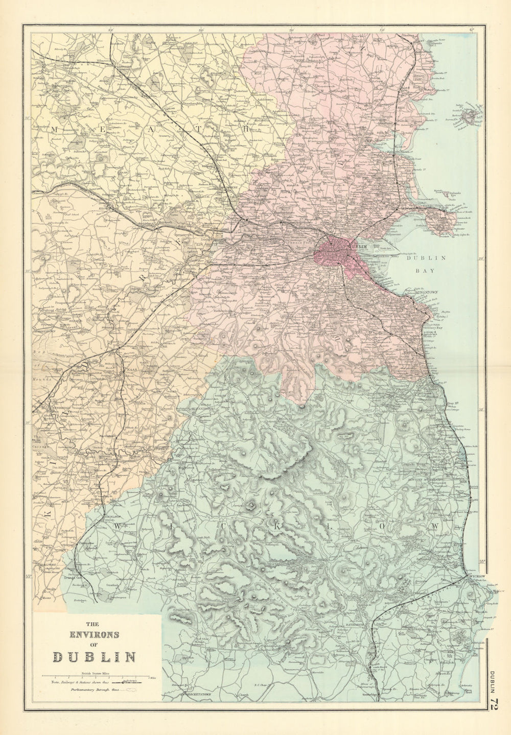 DUBLIN & ENVIRONS Meath Kildare Wicklow IRELAND antique map by GW BACON 1891