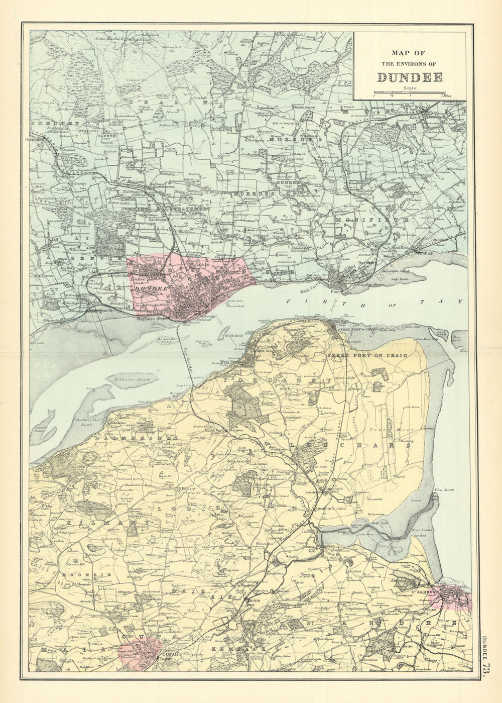 DUNDEE & ENVIRONS St Andrews Cupar Firth of Tay antique map by GW BACON 1891