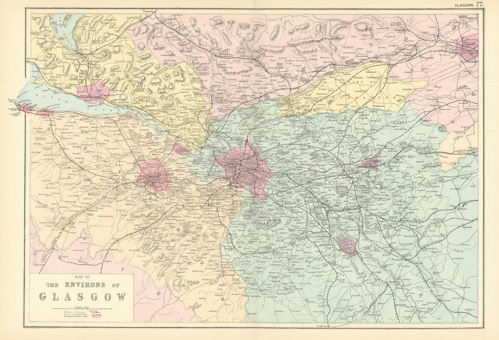 GLASGOW & ENVIRONS Lanark Renfrew Dumbarton Stirling antique map. GW BACON 1891