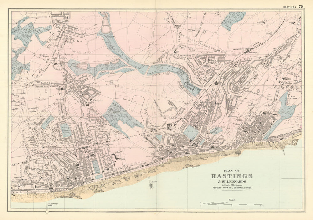 HASTINGS & St Leonards town city plan by GW BACON 1891 old antique map chart