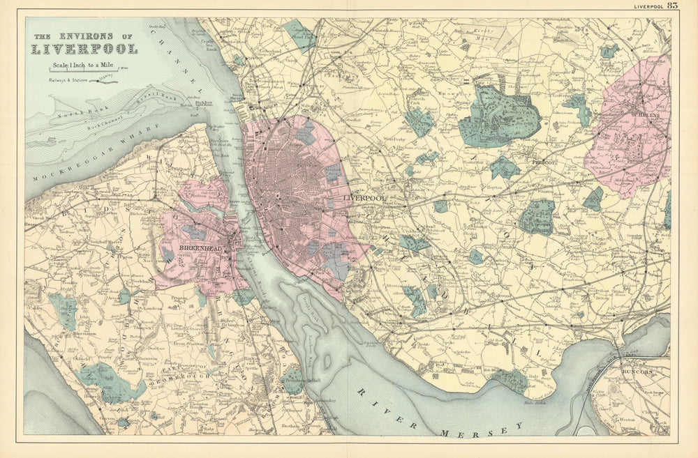 MERSEYSIDE Liverpool Birkenhead Wirral St Helens Knowsley antique map BACON 1891