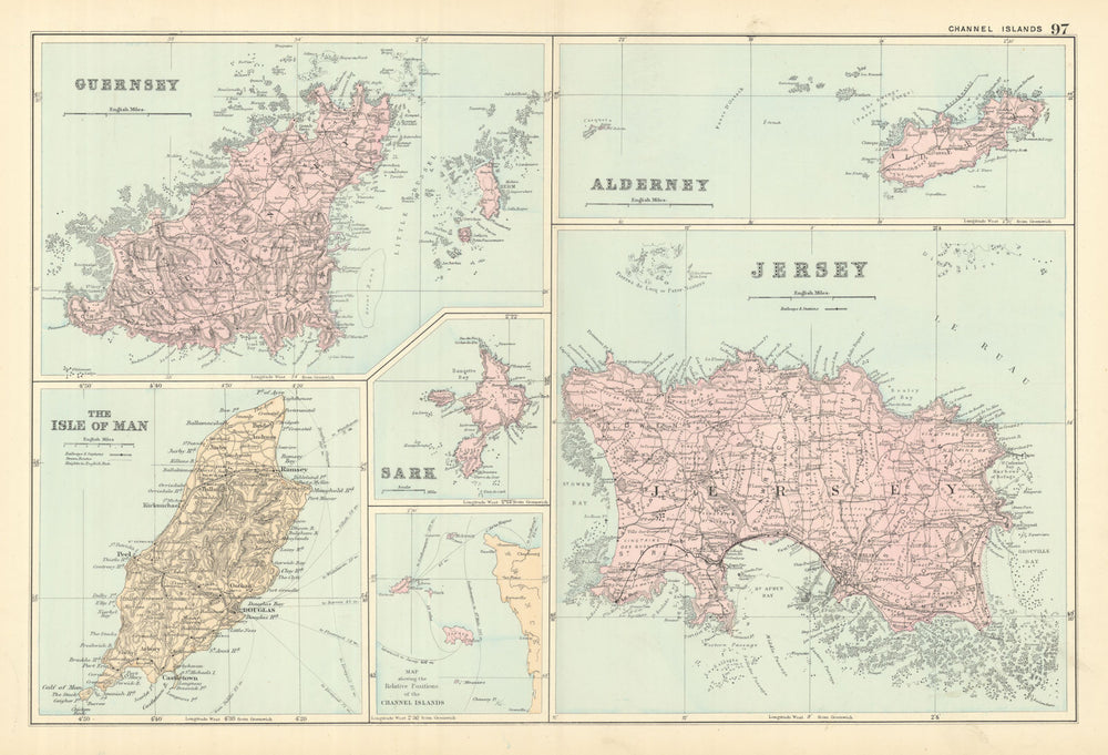 CHANNEL ISLANDS & ISLE OF MAN Alderney Guernsey Jersey Sark by GW BACON 1891 map