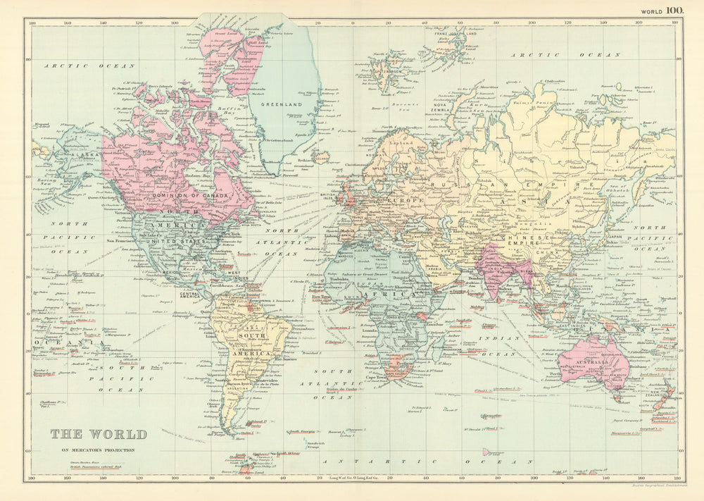 WORLD ON MERCATOR'S PROJECTION showing the BRITISH EMPIRE by GW BACON 1891 map