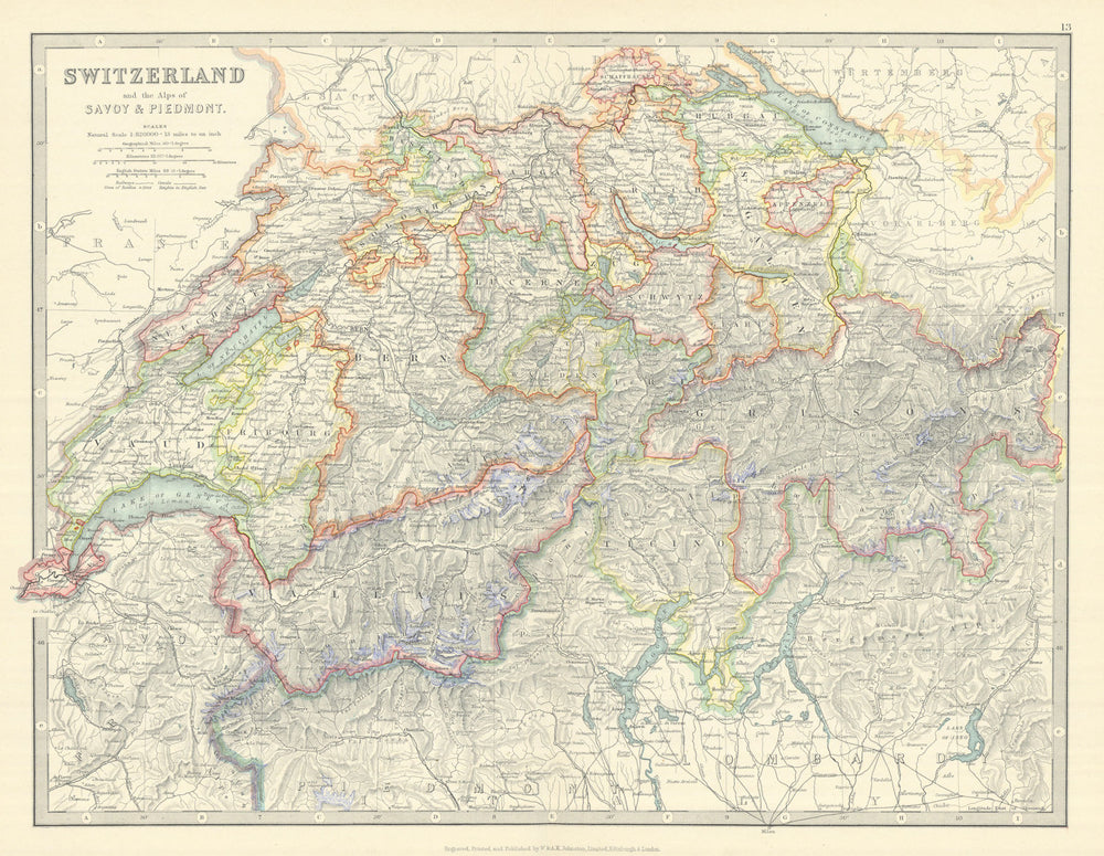 SWITZERLAND, SAVOIE & PIEDMONT ALPS. Glaciers marked in blue. JOHNSTON 1913 map