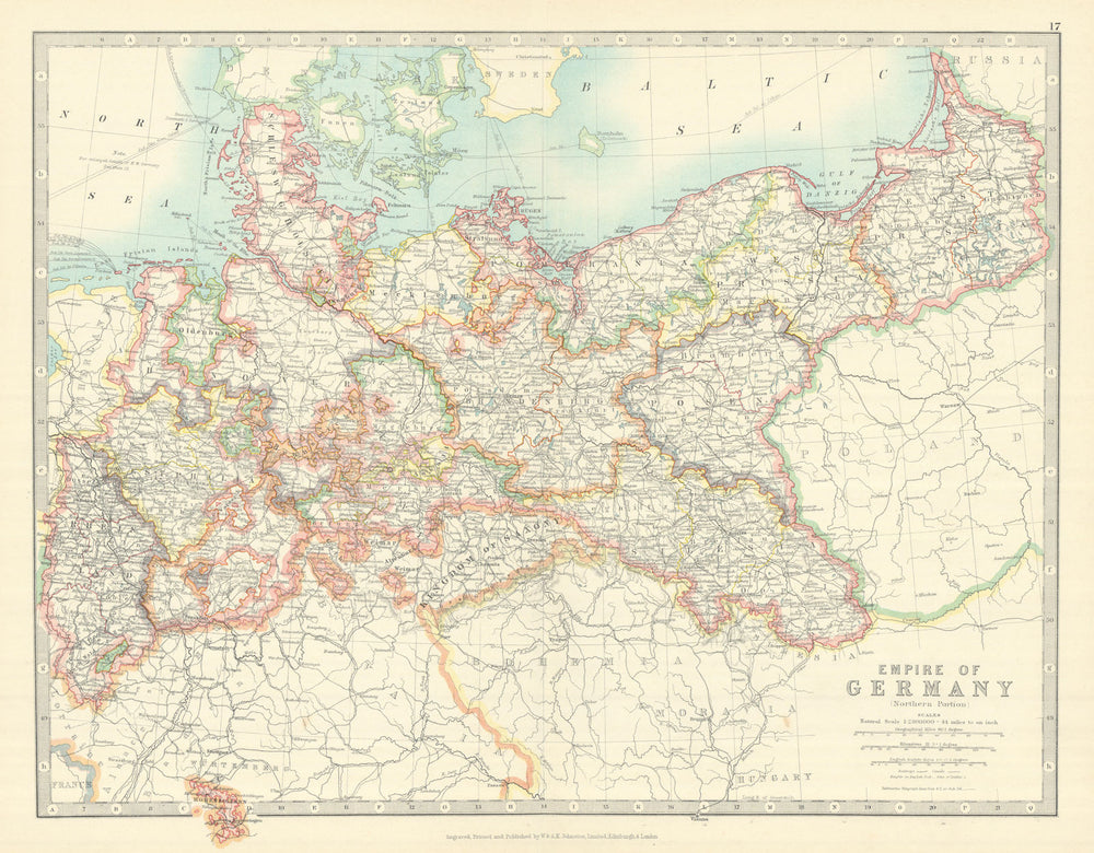 GERMAN EMPIRE NORTH showing important battlefield & dates. JOHNSTON 1913 map