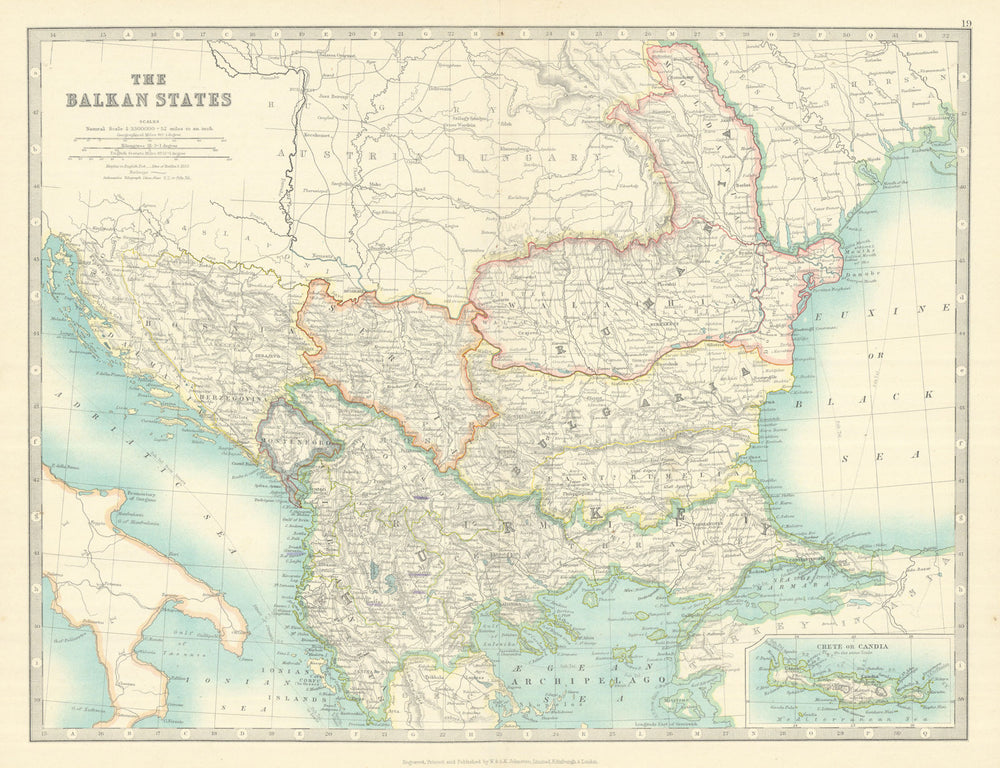 BALKAN STATES. Eastern Roumelia. Turkish Crete. Bulgaria. JOHNSTON 1913 map