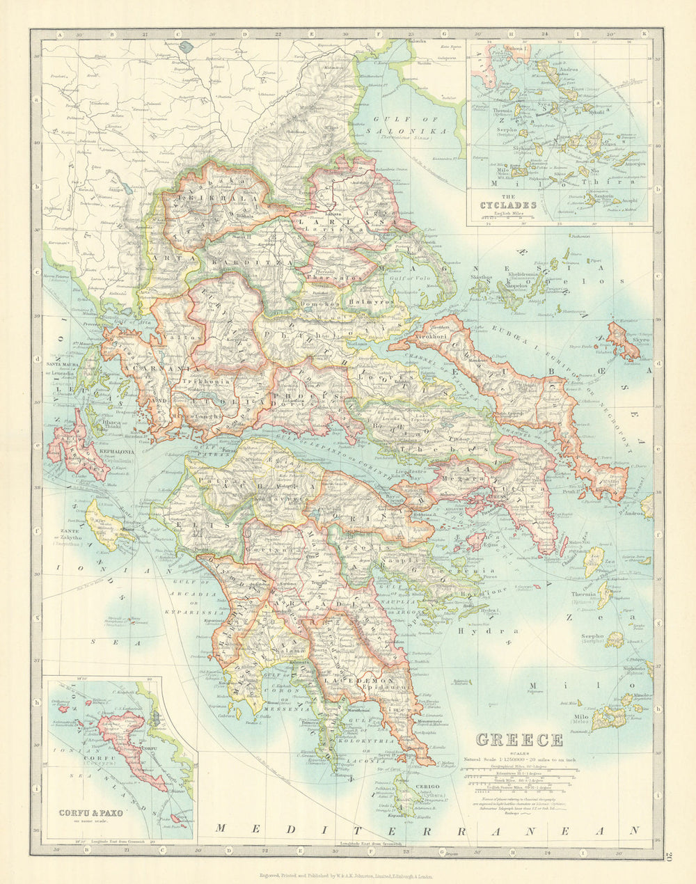 GREECE. Inset Corfu Paxo Cyclades. Railways. JOHNSTON 1913 old antique map