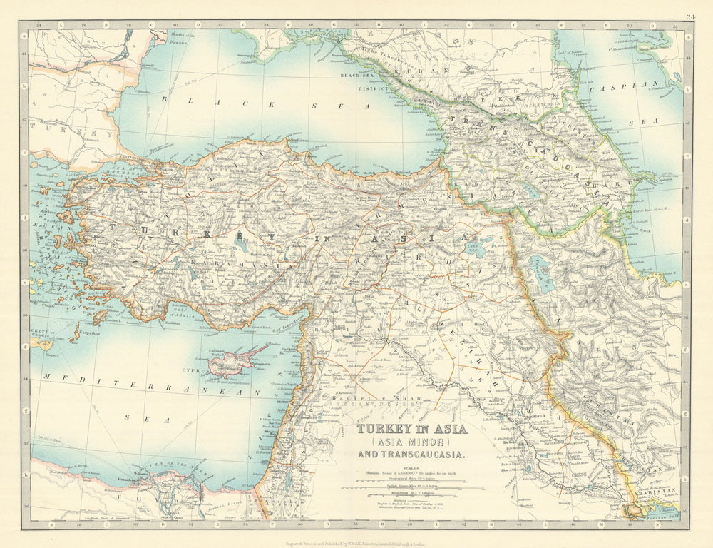 TURKEY IN ASIA & TRANSCAUCASIA. Asia Minor Georgia Armenia. JOHNSTON 1913 map