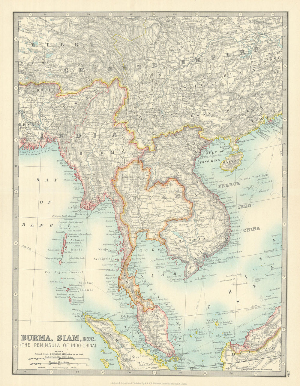 INDOCHINA. Siam Burma Annam Cambodia Tong King Southern China. JOHNSTON 1913 map
