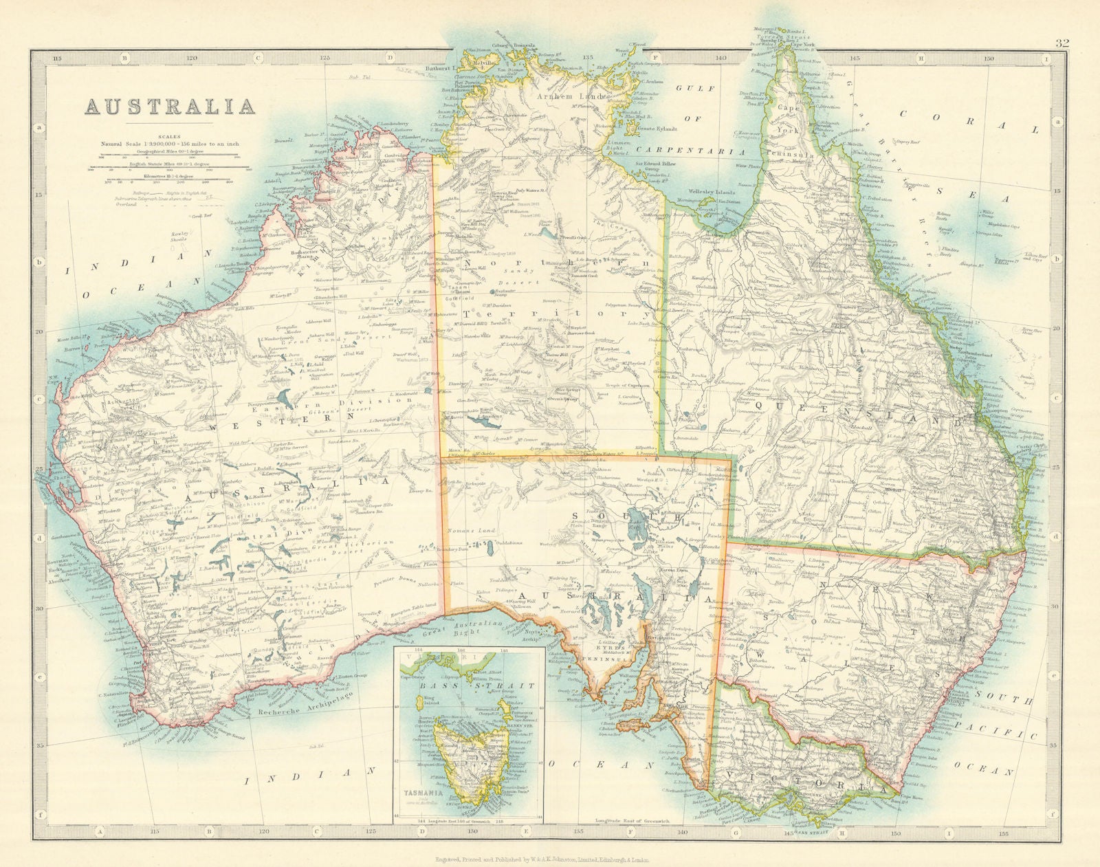 AUSTRALIA showing explorers' routes & goldfields. JOHNSTON 1913 map ...