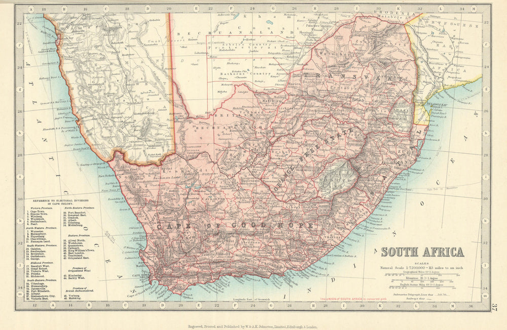 SOUTH AFRICA. Cape of Good Hope. Orange Free State Transavaal. JOHNSTON 1913 map