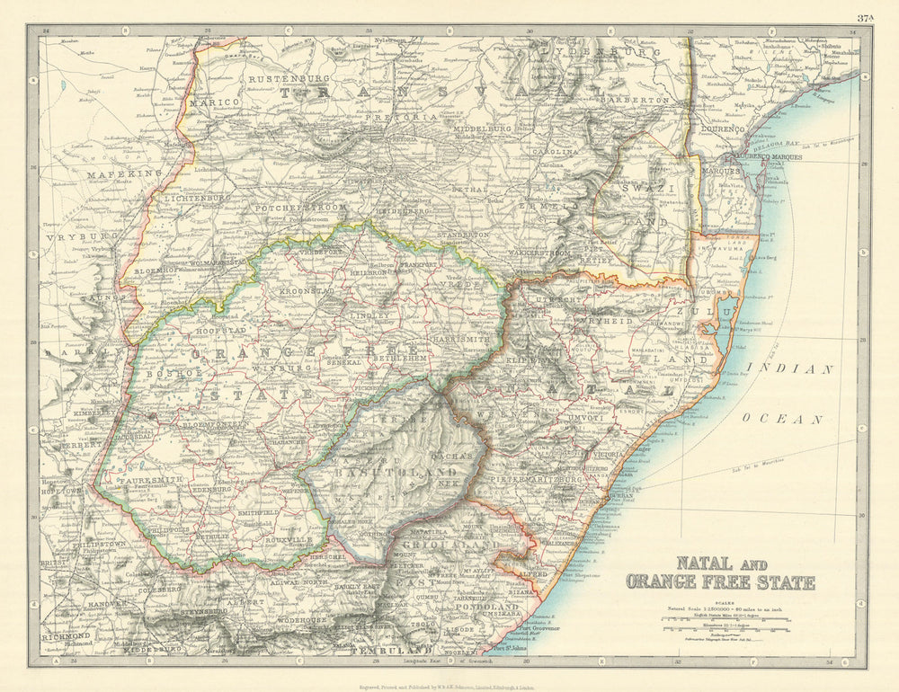 NATAL & ORANGE FREE STATE. South Africa. Transvaal. Railways. JOHNSTON 1913 map