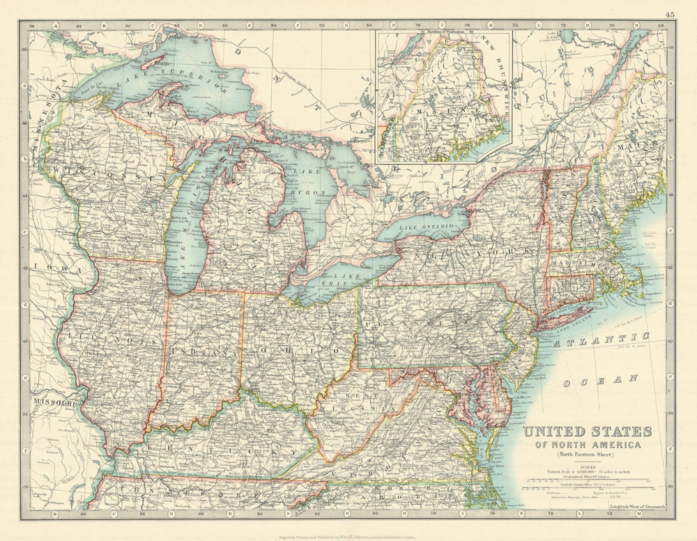 NORTH EASTERN UNITED STATES. Great Lakes. MidWest. USA. JOHNSTON 1913 old map
